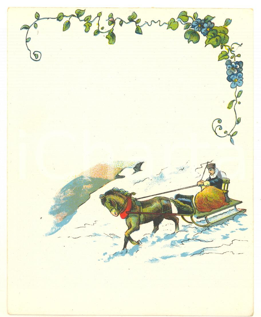 Materiale pubblicitario d’epoca 1950 ca PUBBLICITA  LIQUORI Etichetta con cavaliere sulla slitta VINTAGE 11x13 1