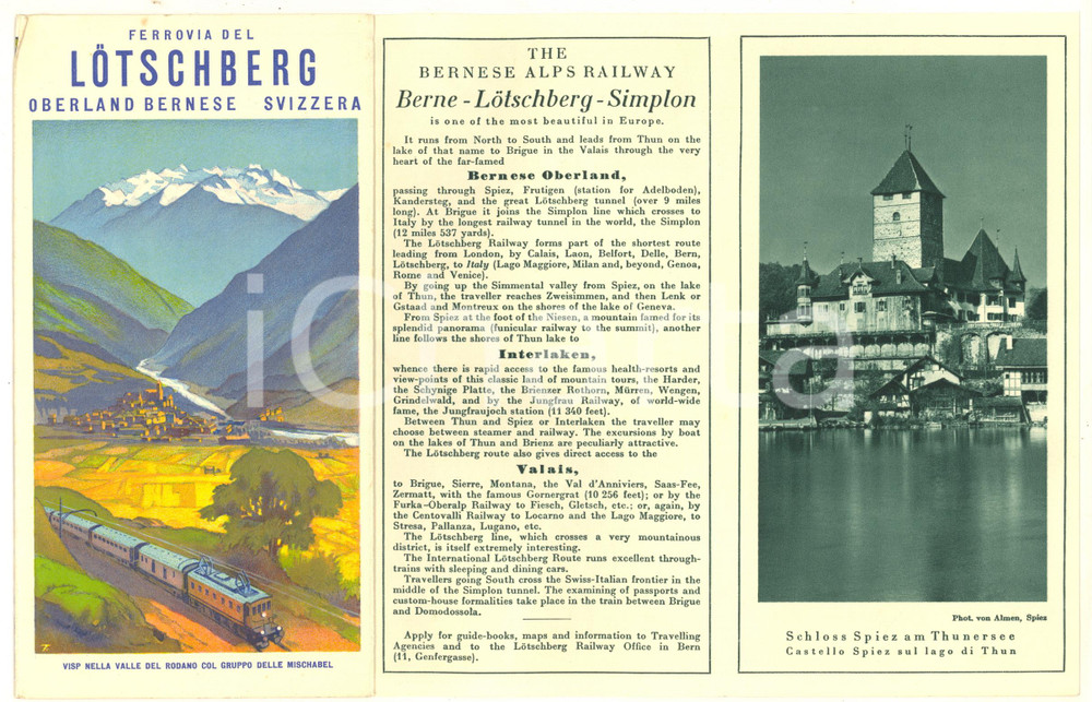 Materiale pubblicitario d’epoca 1940 ca SVIZZERA Ferrovia del LOTSCHBERG OBERLAND BERNESE Pieghevole con mappa 1