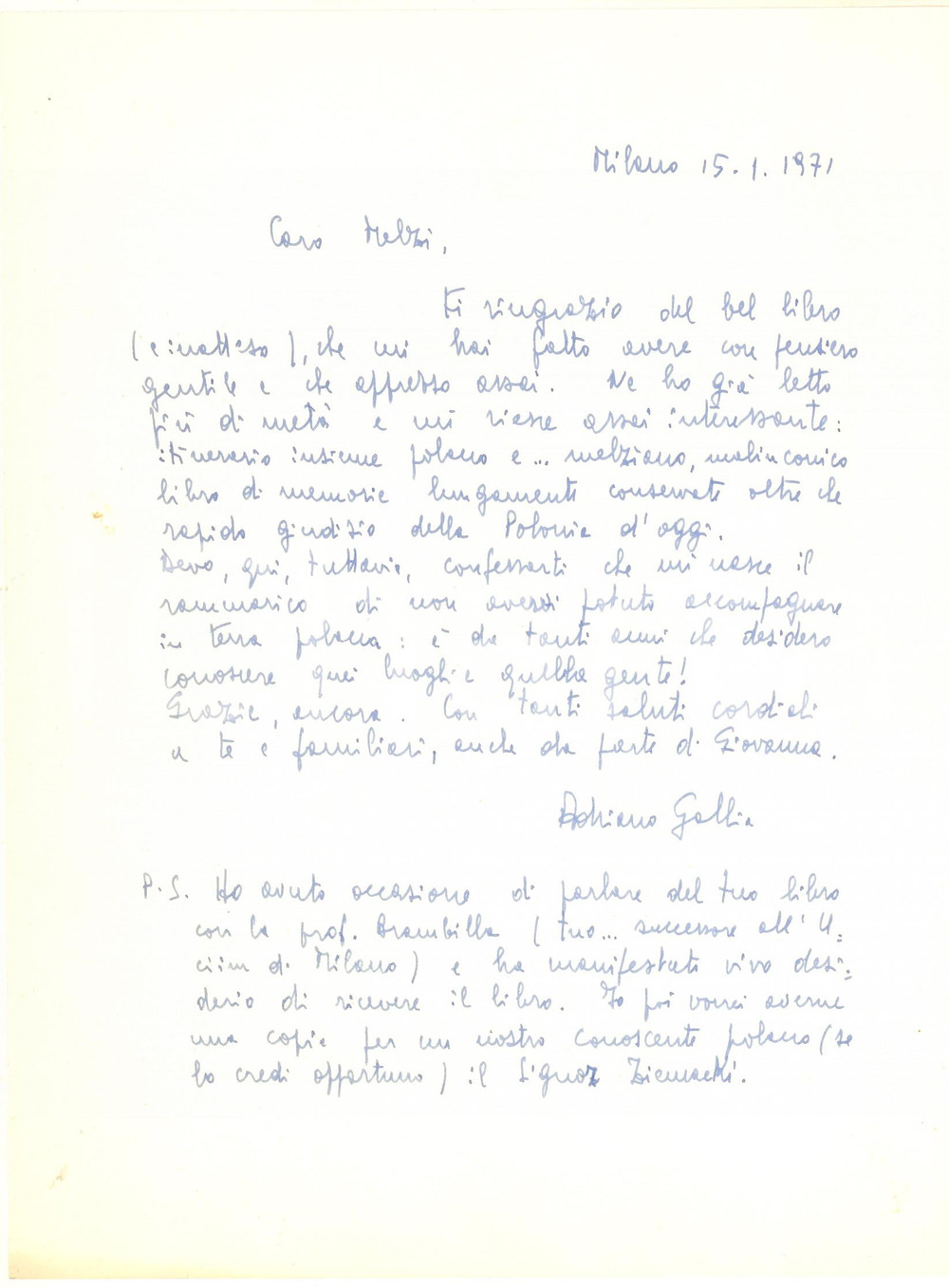 Manoscritto, lettera originale 1971 MILANO Adriano GALLIA ringrazia Francesco MELZI D ERIL per un libro 1