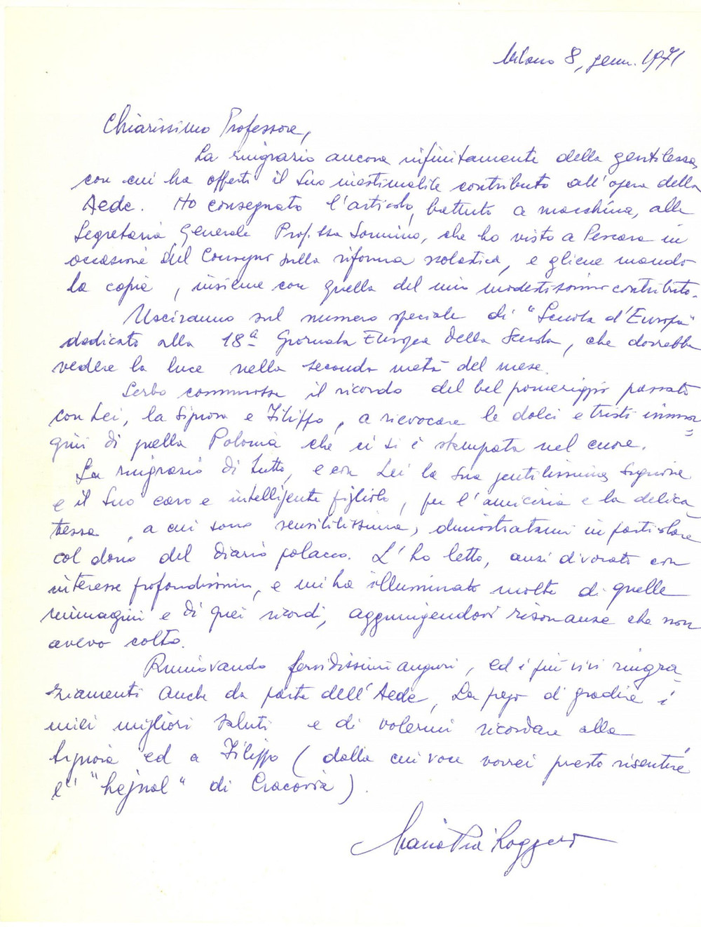 Autografo originale 1971 MILANO Lettera Maria Pia ROGGERO a Francesco MELZI D ERIL per un articolo 1