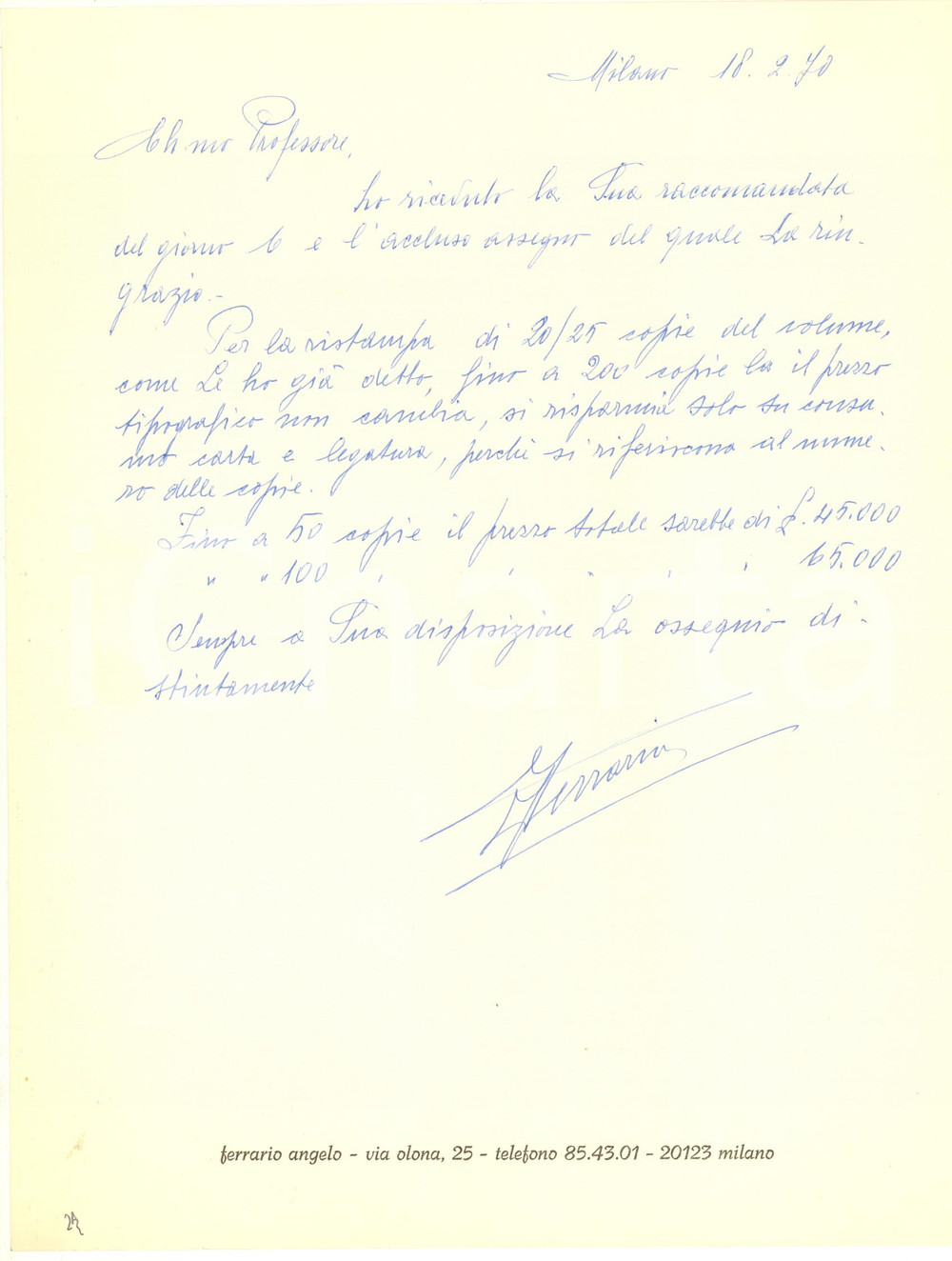 Manoscritto, lettera originale 1970 MILANO Angelo FERRARIO sulla ristampa di un libro di Francesco MELZI D ERIL 1