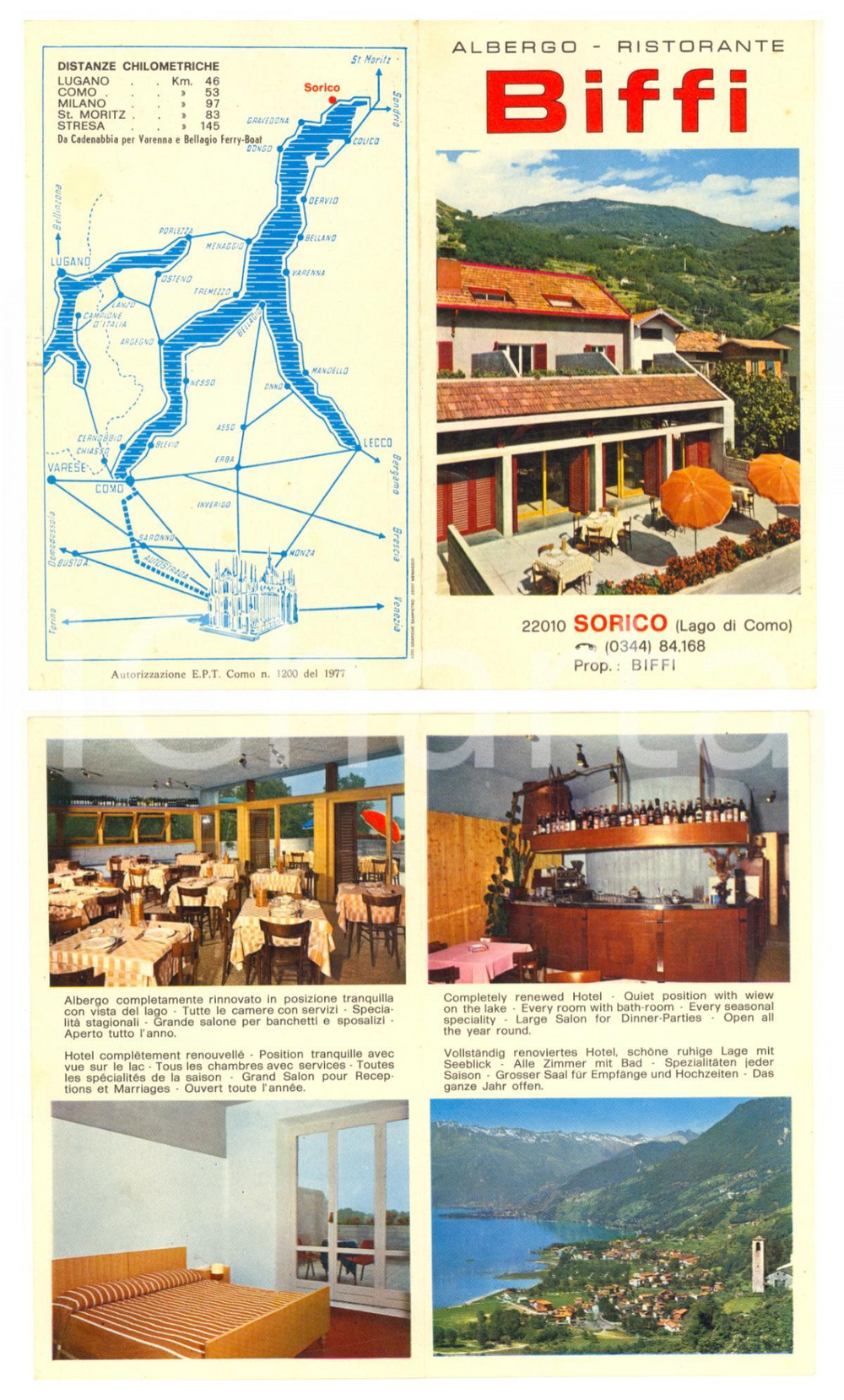 Materiale pubblicitario d’epoca 1977 SORICO Albergo ristorante BIFFI Pieghevole ILLUSTRATO  VINTAGE 1