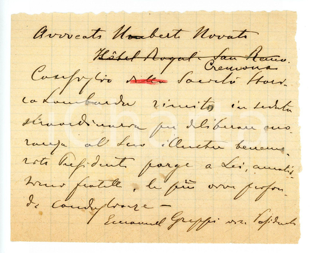 Manoscritto, lettera originale 1890 ca SOCIETA  STORICA LOMBARDA Condoglianze Emanuele GREPPI  Autografo 1