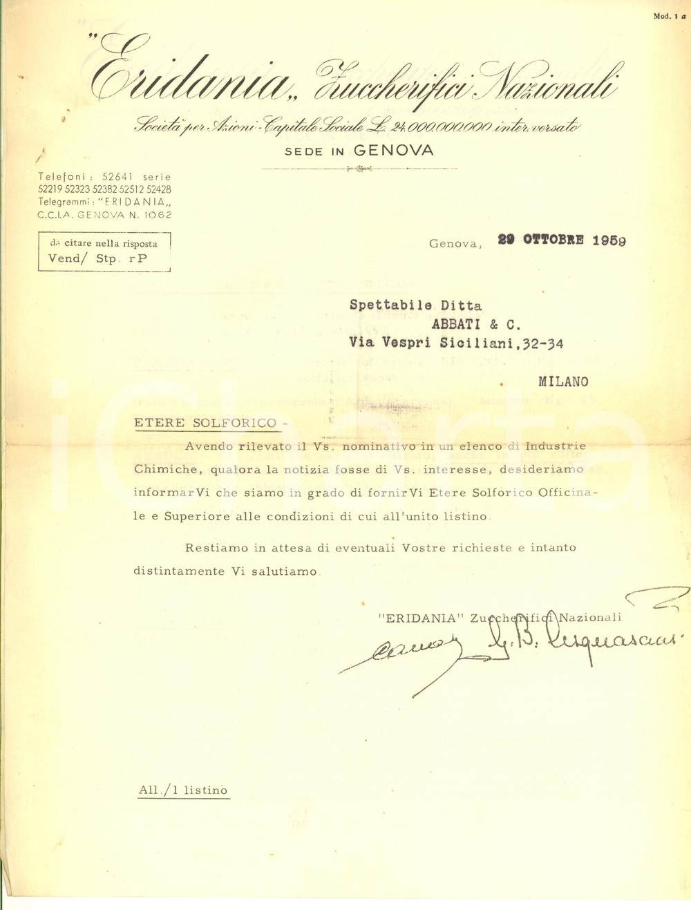 1959 GENOVA Zuccherifici Nazionali ERIDANIA Preventivo per etere solforico