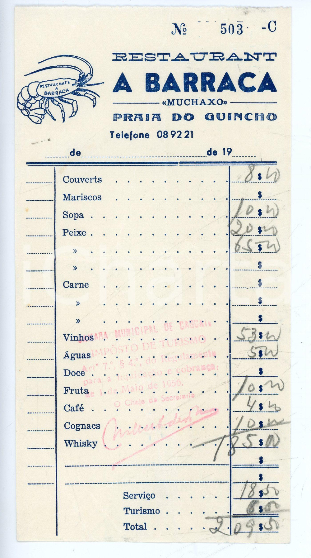 Materiale pubblicitario d’epoca 1956 CASCAIS PRAIA DO GUINCHO Restaurant A BARRACA MUCHAXO Ricevuta 1