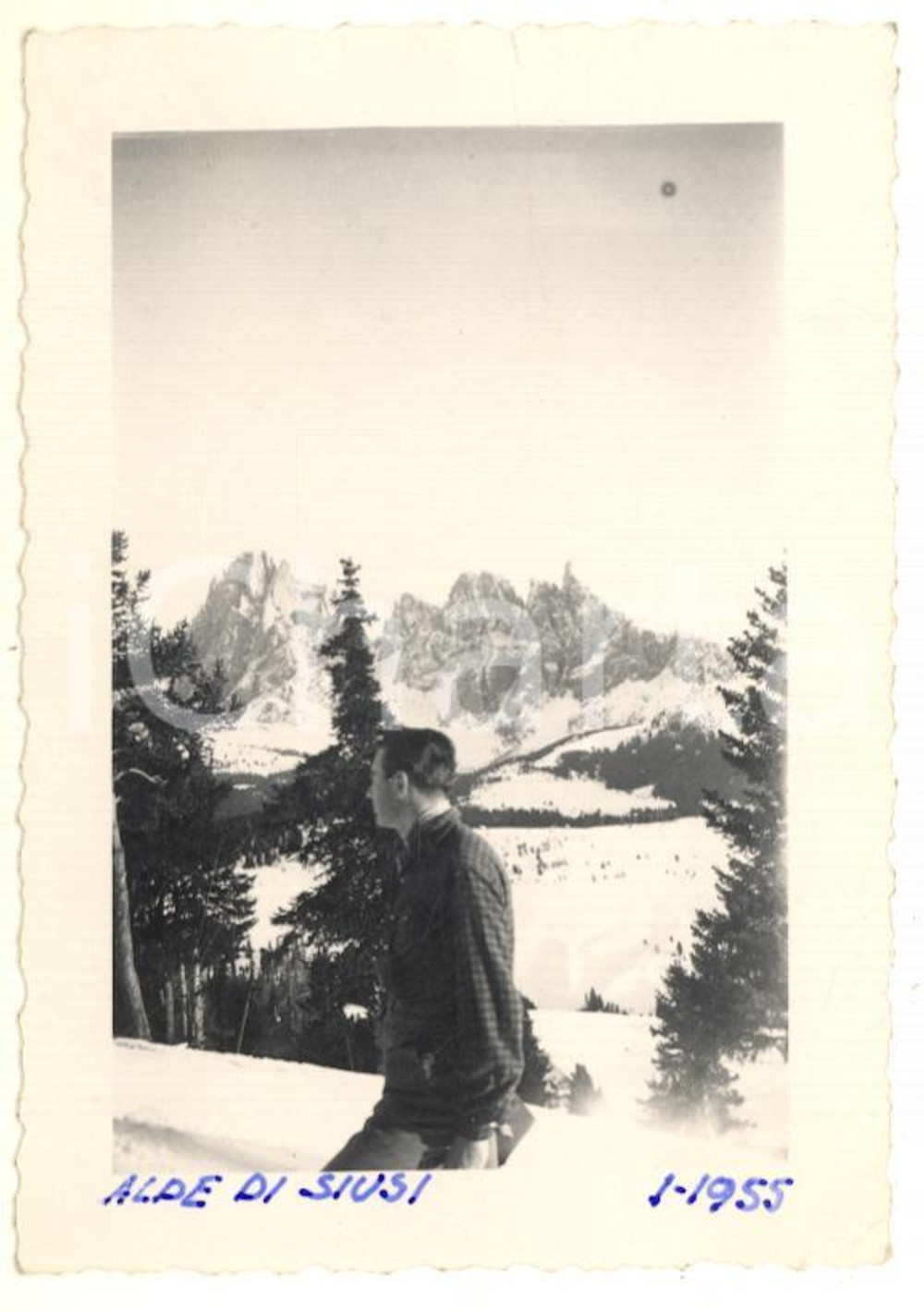 Fotografia d epoca originale 1955 ALPE DI SIUSI Uno sciatore lungo la montagna  Foto VINTAGE 7x9 cm 1