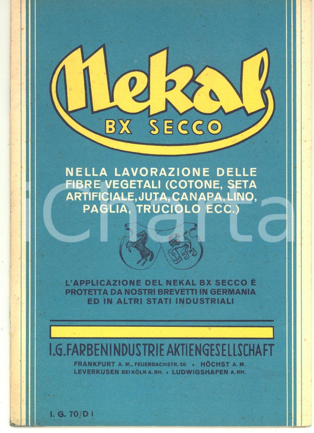 Materiale pubblicitario d’epoca 1939 I.G. FARBENINDUSTRIE NEXAL BX SECCO nella lavorazione delle fibre vegetali 1