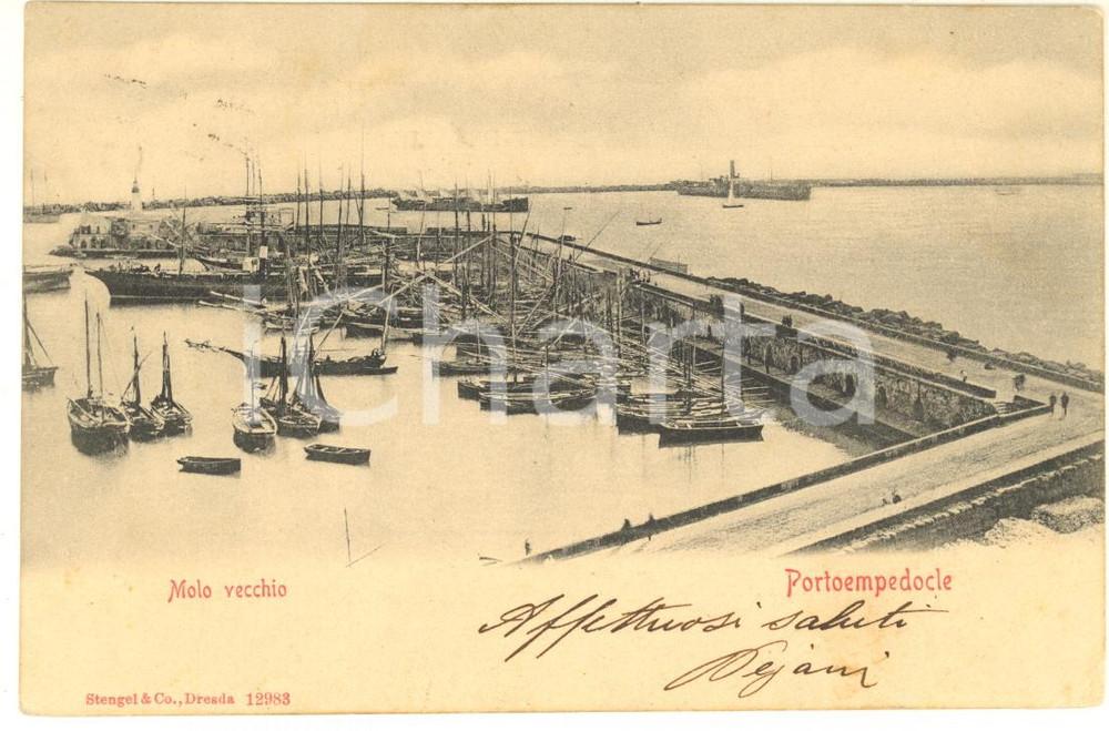 Cartolina originale da collezione 1903 PORTO EMPEDOCLE AG Molo vecchio Cartolina ANIMATA barche FP VG 1