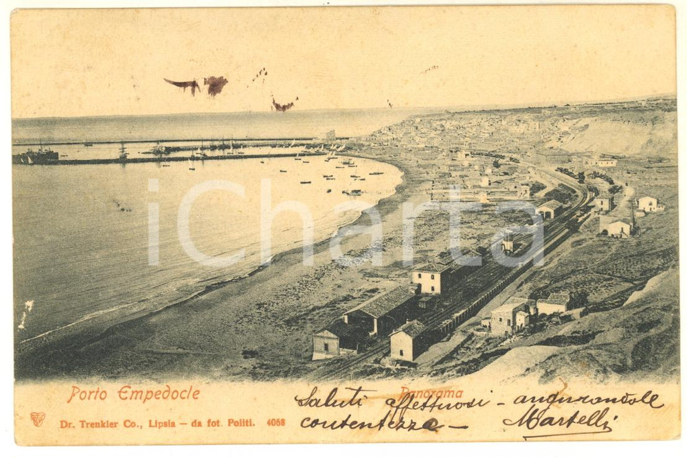 Cartolina originale da collezione 1903 PORTO EMPEDOCLE AG Panorama con la spiaggia Cartolina postale FP VG 1