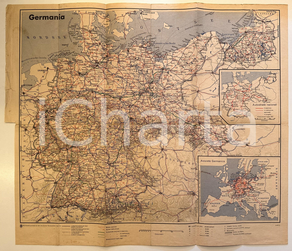 Mappa, planimetria storica 1937 GERMANIA Mappa politica con aviorete e autostrade VINTAGE 50x40 cm 1
