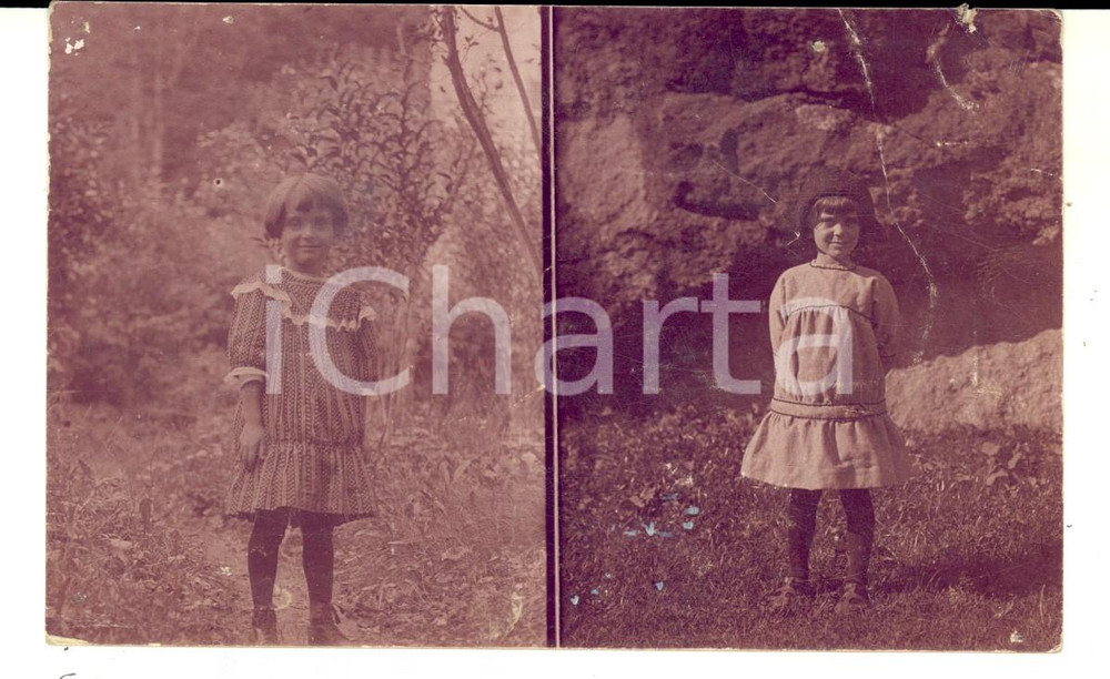 Fotografia d epoca originale 1914 CHIALAMBERTO Ritratto di due bambine nel bosco Foto cartolina VINTAGE 1