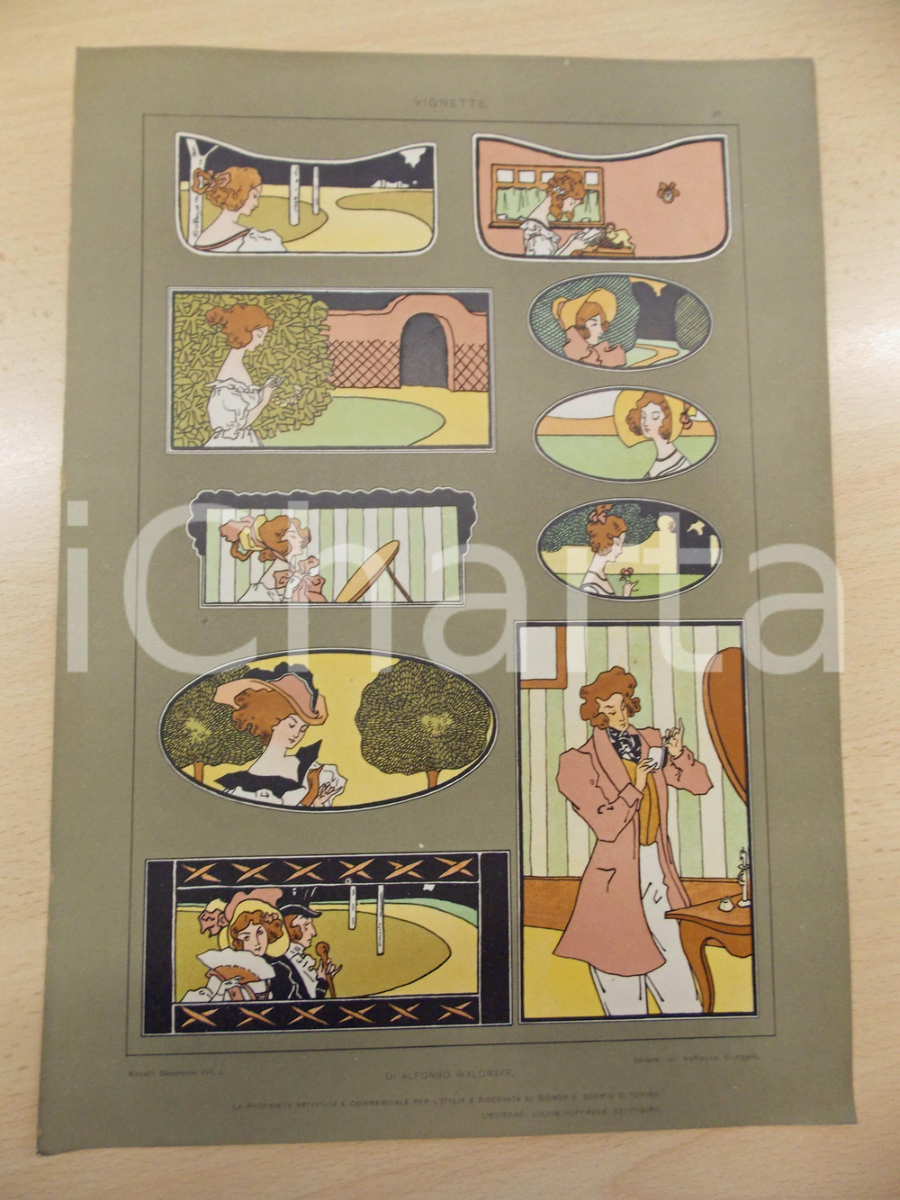 Stampa, bozzetto originale 1910 ca A. WALDRAFF Vignette Tavola estratta da MODELLI DECORATIVI 25x35 cm 1