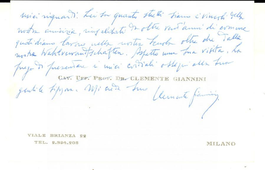 Autografo originale 1971 MILANO Prof. Clemente GIANNINI Biglietto da visita AUTOGRAFO 1