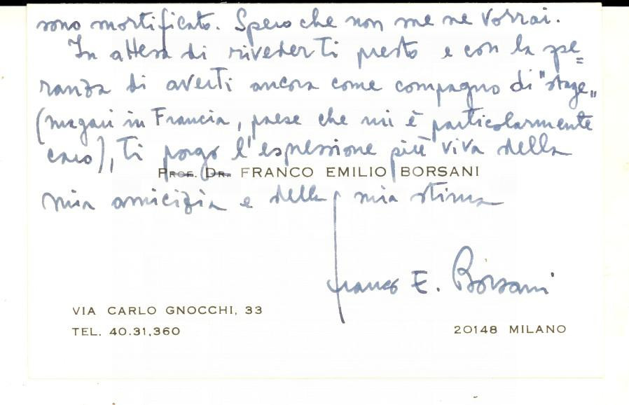 Autografo originale 1971 MILANO Prof. Franco Emilio BORSANI  Biglietto da visita AUTOGRAFO 1