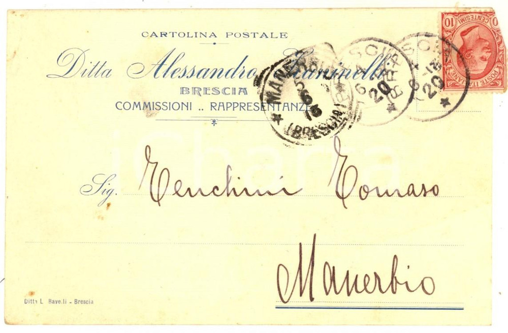 Cartolina originale da collezione 1913 BRESCIA Ditta Alessandro ZANINELLI rappresentanze Cartolina commerciale 1