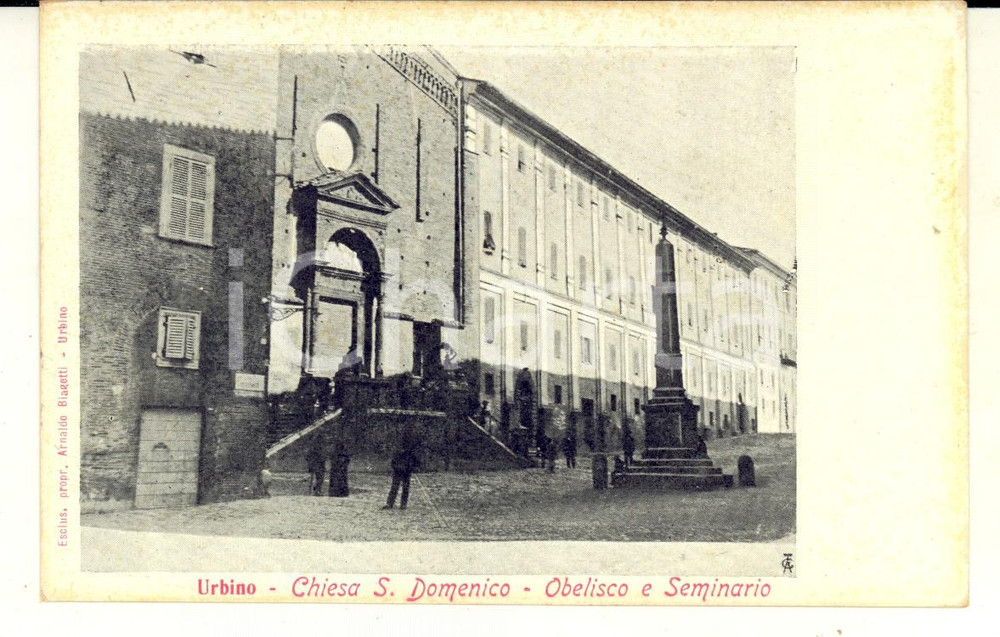 Cartolina originale da collezione 1915 ca URBINO Chiesa S. DOMENICO Obelisco e seminario Cartolina ANIMATA FP 1