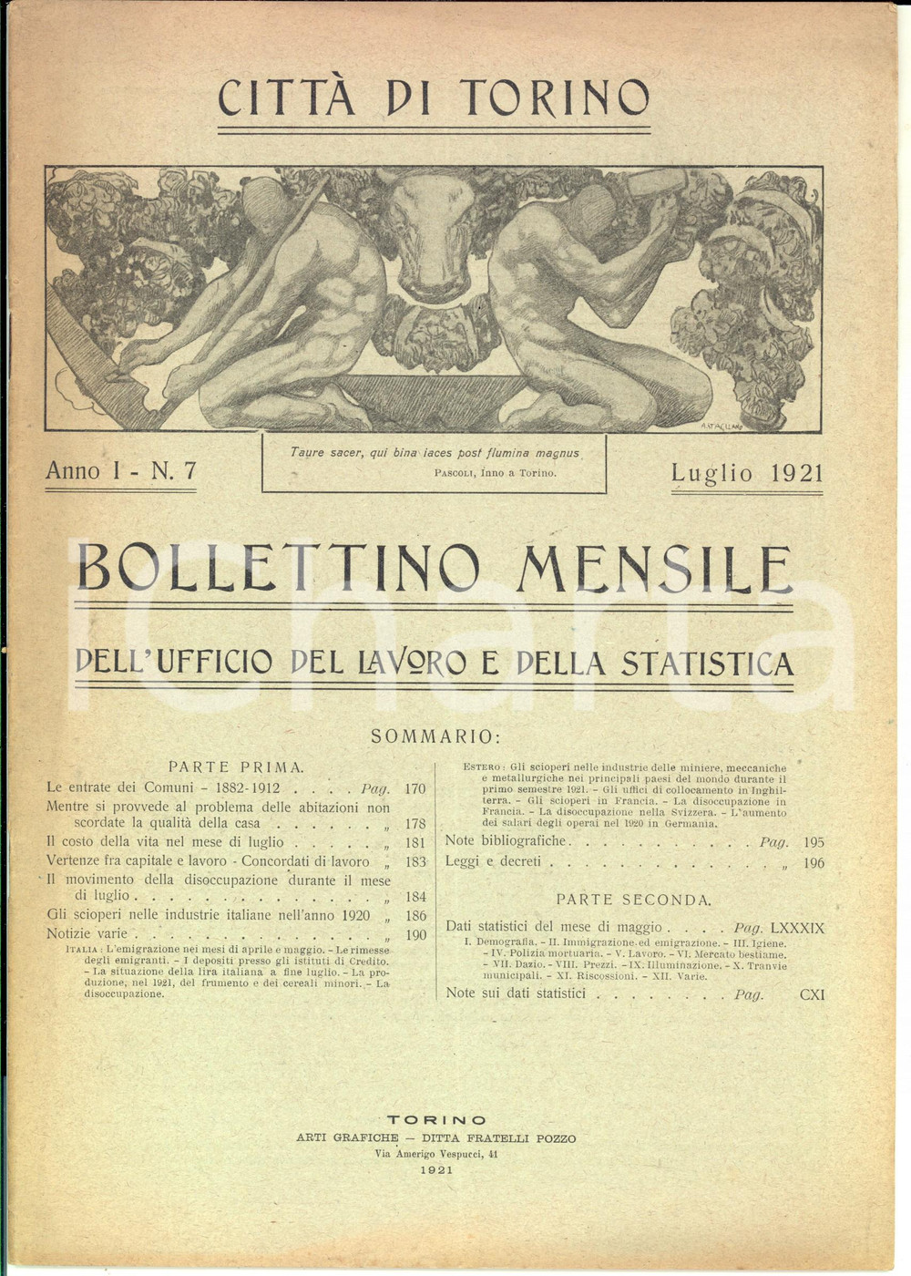 Giornale, rivista storica 1921 Città  di TORINO Disoccupazione e scioperi  Bollettino anno I n° 7 1