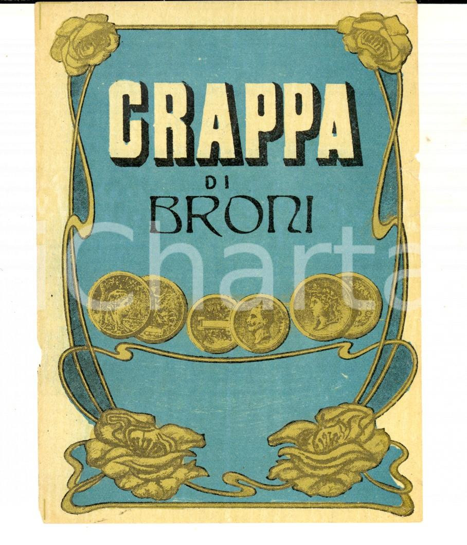 Materiale pubblicitario d’epoca 1920 ca Liquore GRAPPA DI BRONI Etichetta pubblicitaria VINTAGE 10x13 cm 2 1