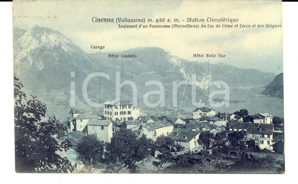 Cartolina originale da collezione 1913 CIVENNA CO Panorama con HOTEL CASTELLO e BELLE VUE Cartolina FP VG 1