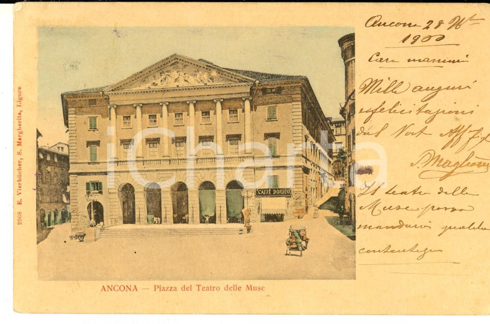 Cartolina originale da collezione 1900 ANCONA Teatro delle MUSE con il Caffé DORICO Cartolina ANIMATA FP VG 1