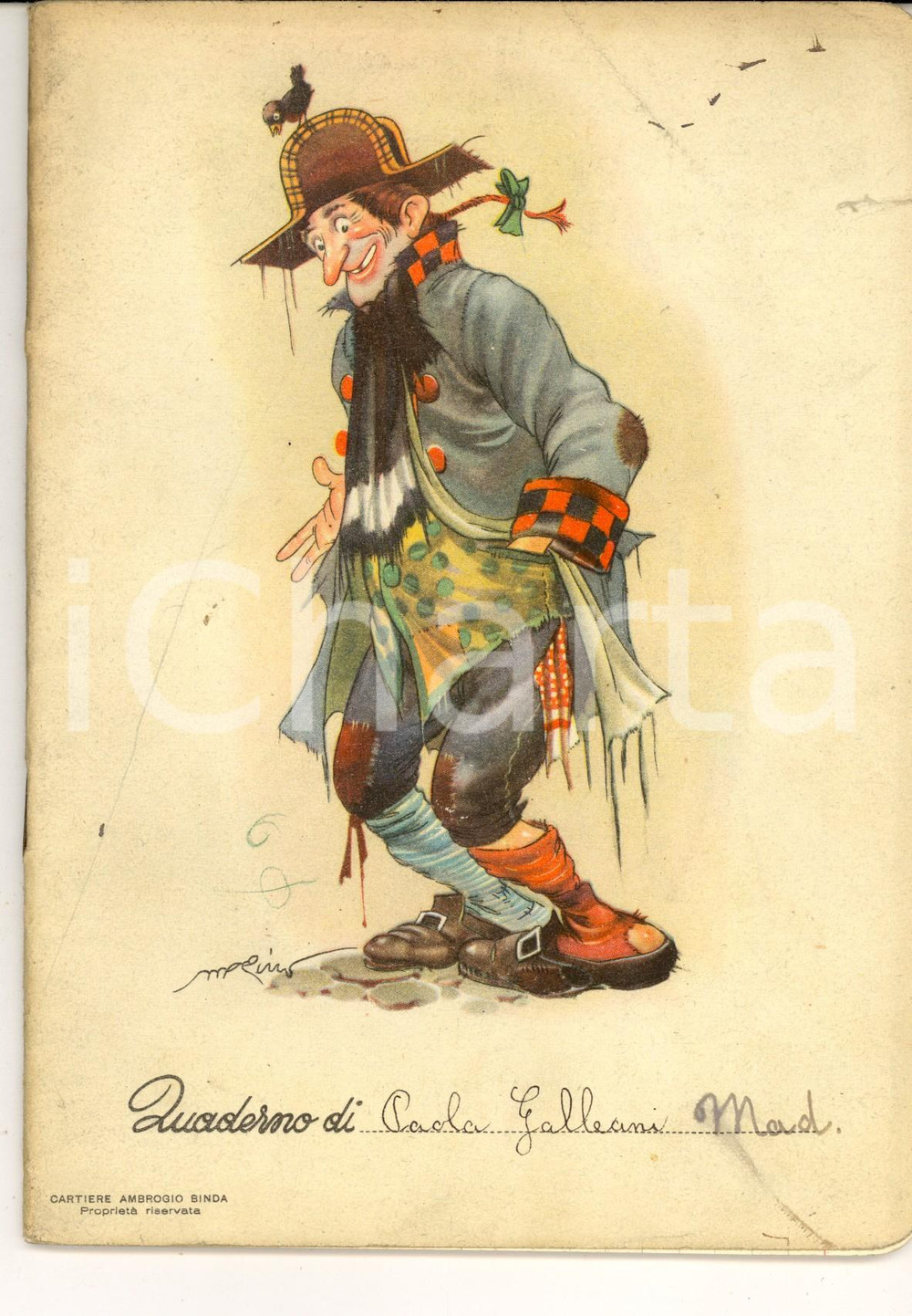 1950 ca Quaderno scolastico di Paola GALLEANI Ill. MOLINO Maschere STENTERELLO