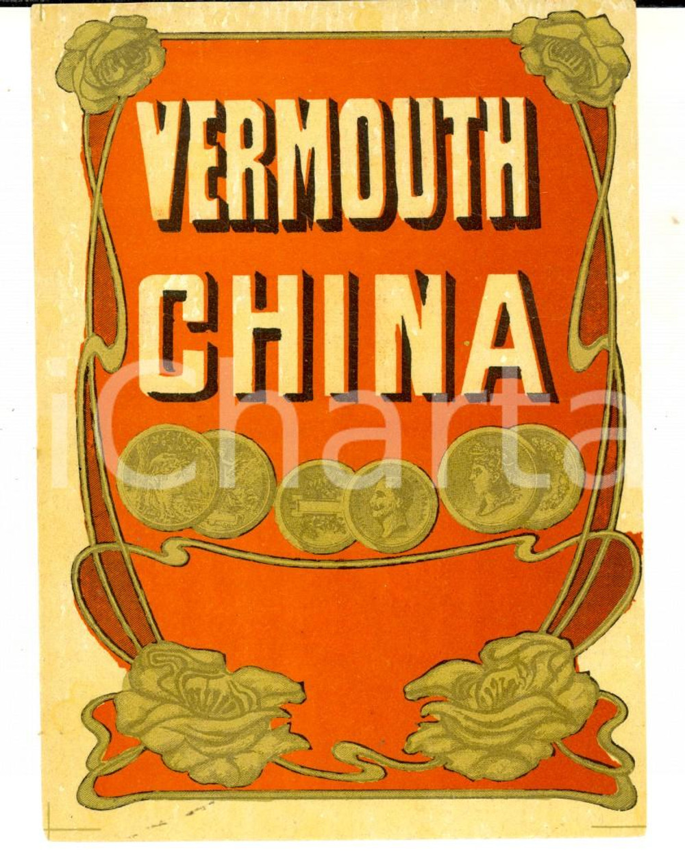 Materiale pubblicitario d’epoca 1920 ca Liquore VERMOUTH CHINA Etichetta pubblicitaria VINTAGE 10x13 2 1