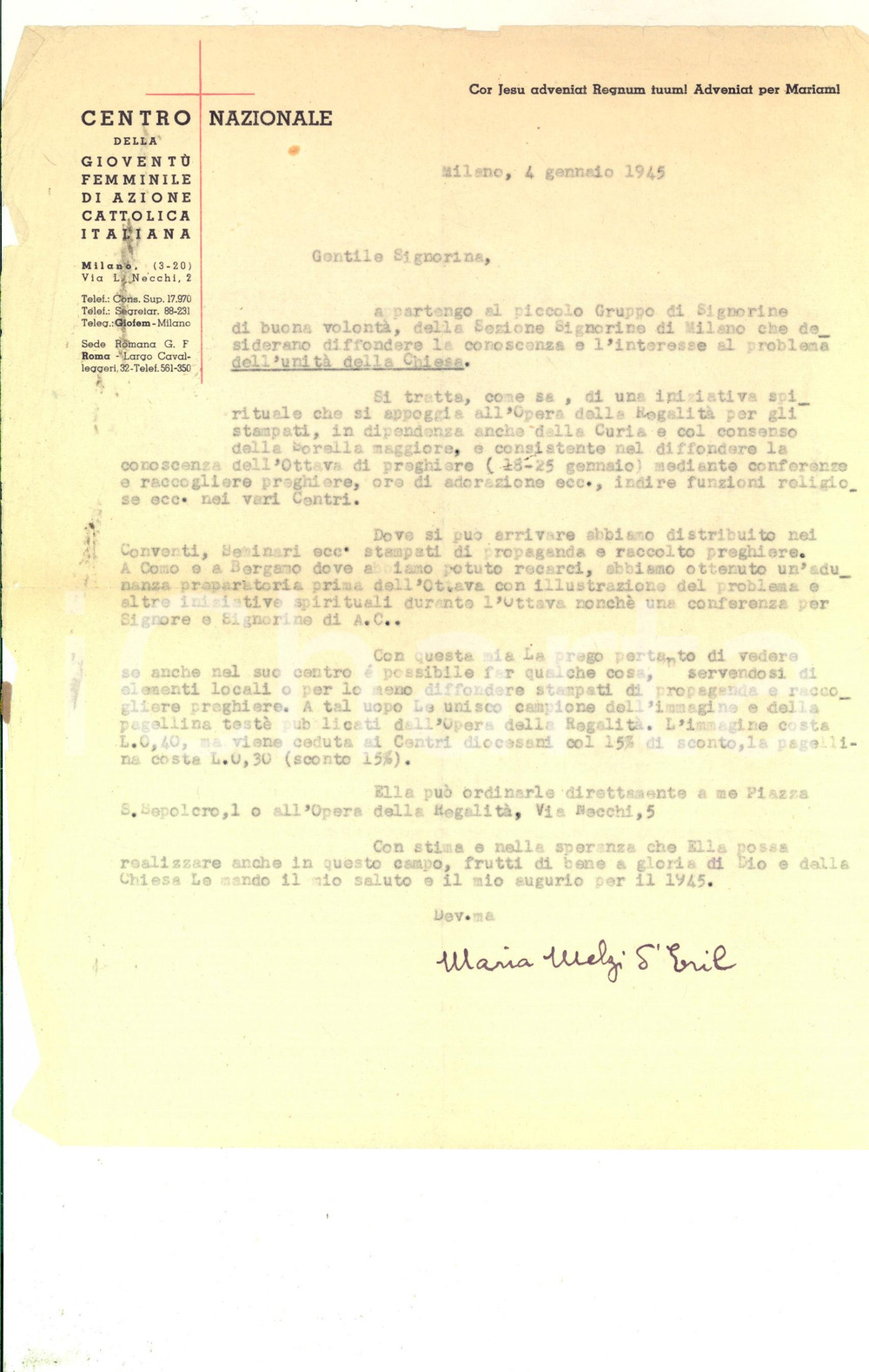 Manoscritto, lettera originale 1945 MILANO GioventÃ¹ Femminile AZIONE CATTOLICA Lettera Maria MELZI D ERIL 1