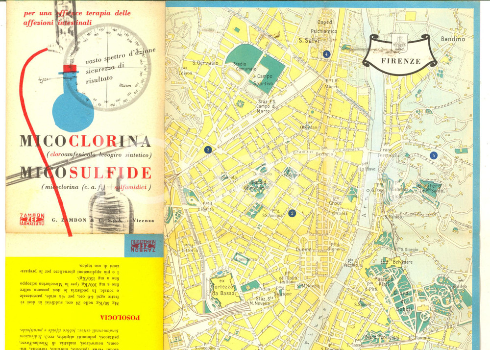 Materiale pubblicitario d’epoca 1956 Farmaceutica ZAMBON  MICOCLORINA Mappa FIRENZE pubblicitaria pieghevole 1