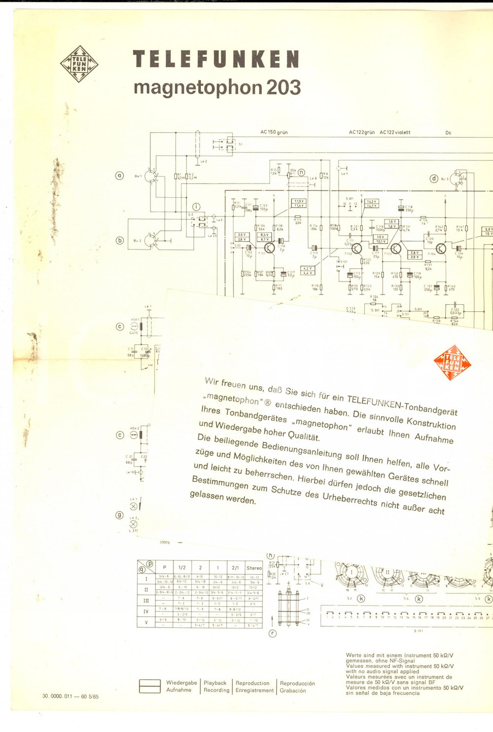 Materiale pubblicitario d’epoca 1960 ca TELEFUNKEN Magnetophon 203  Schema apparecchio 1