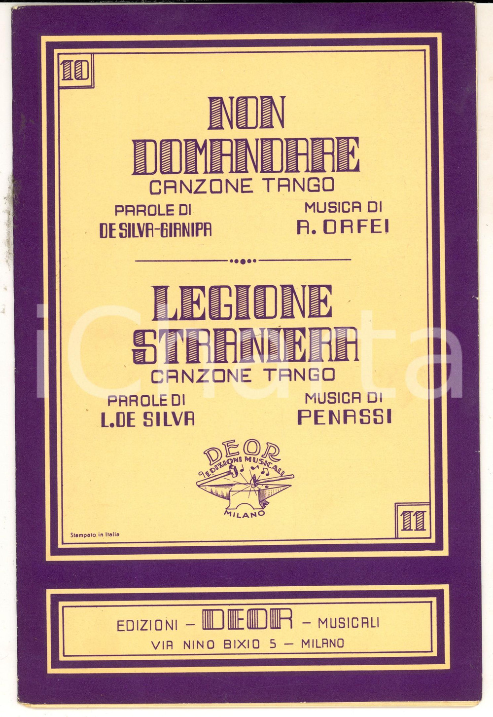Oggetto da collezione cartaceo 1939 DE SILVA Non domandare  Legione straniera Canzoni tango ed. DEOR MILANO 1