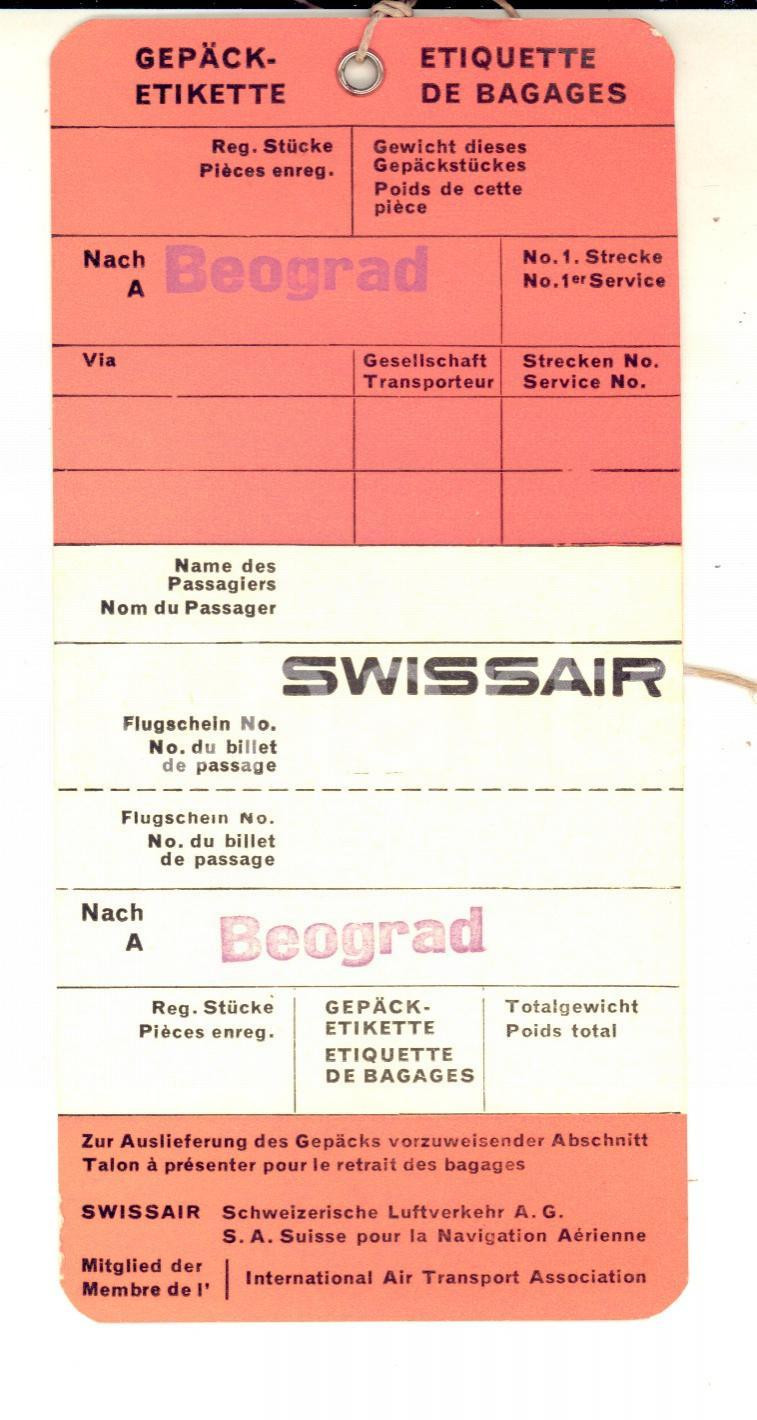Materiale pubblicitario d’epoca 1970 ca SWISSAIR Etichetta bagagli BEOGRAD VINTAGE 1