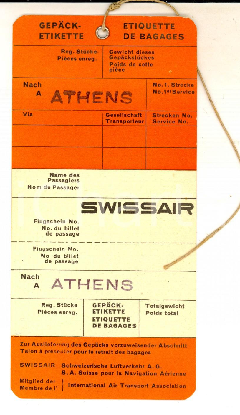 Materiale pubblicitario d’epoca 1970 ca SWISSAIR Etichetta bagagli ATHENS VINTAGE 1