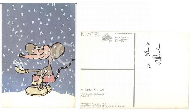 Autografo originale 1988 MILANO Galleria NUAGES Invito mostra Andrea RAUCH I miei disegni AUTOGRAFO 1