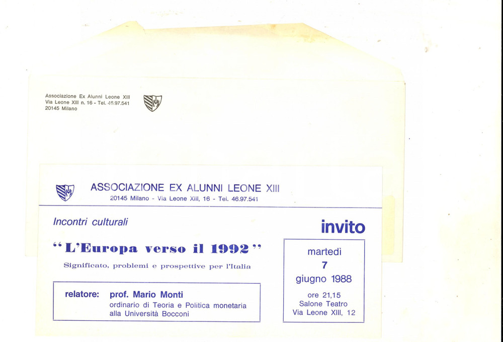 Manoscritto, lettera originale 1988 MILANO Associazione ex alunni LEONE XIII  Invito incontro con Mario MONTI 1