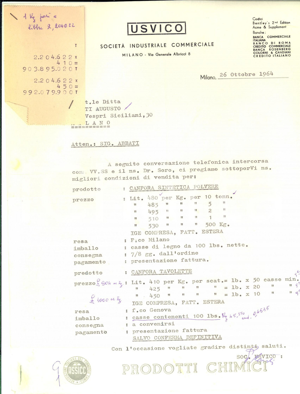 Manoscritto, lettera originale 1964 MILANO USVICO SocietÃ  Industriale Commerciale Lettera per offerta canfora 1