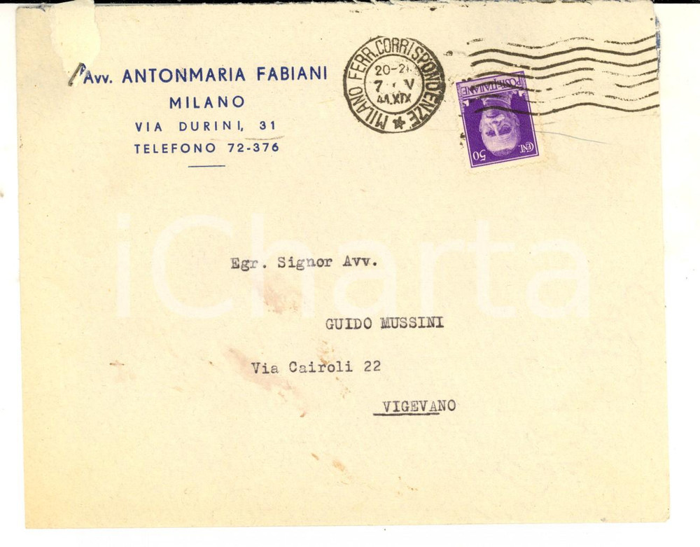 Cartolina originale da collezione 1941 STORIA POSTALE MILANO Busta Antonmaria FABIANI cent. 50 imperiale isolato 1