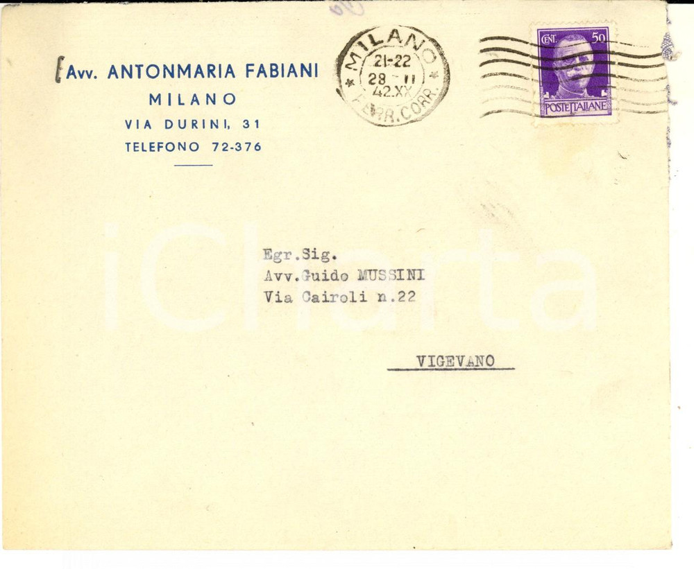 Cartolina originale da collezione 1942 STORIA POSTALE MILANO Busta Antonmaria FABIANI  Cent. 50 imperiale isolato 1