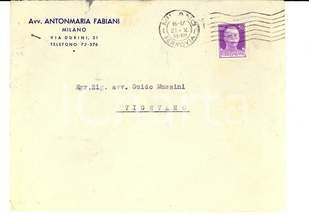 Cartolina originale da collezione 1935 STORIA POSTALE MILANO Busta Antonmaria FABIANI cent. 50 imperiale isolato 1