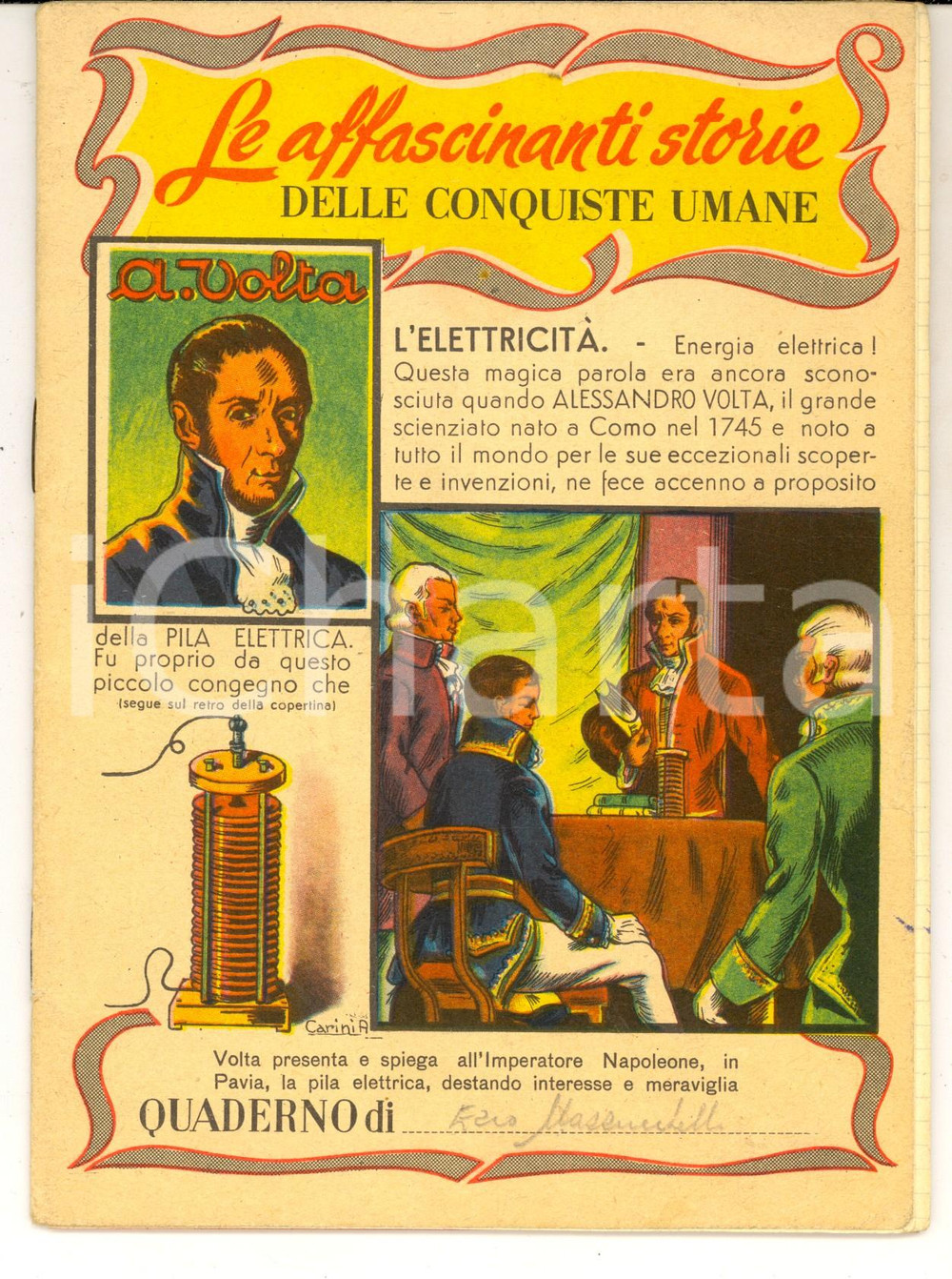 Oggetto da collezione cartaceo 1950 ca Quaderno scolastico Remo MAZZUCCHELLI Copertina  Alessandro VOLTA 1