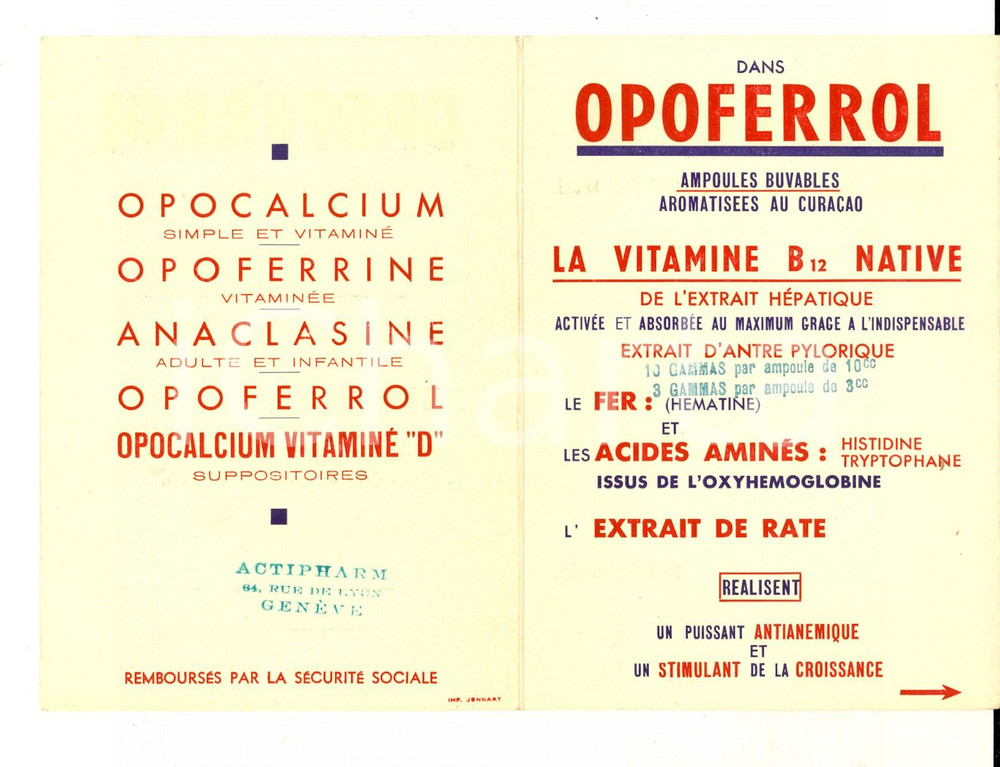 Materiale pubblicitario d’epoca 1950 ca PARIS Laboratoires de l OPOCALCIUM Pubblicià  farmaceutica OPOFERROL 1