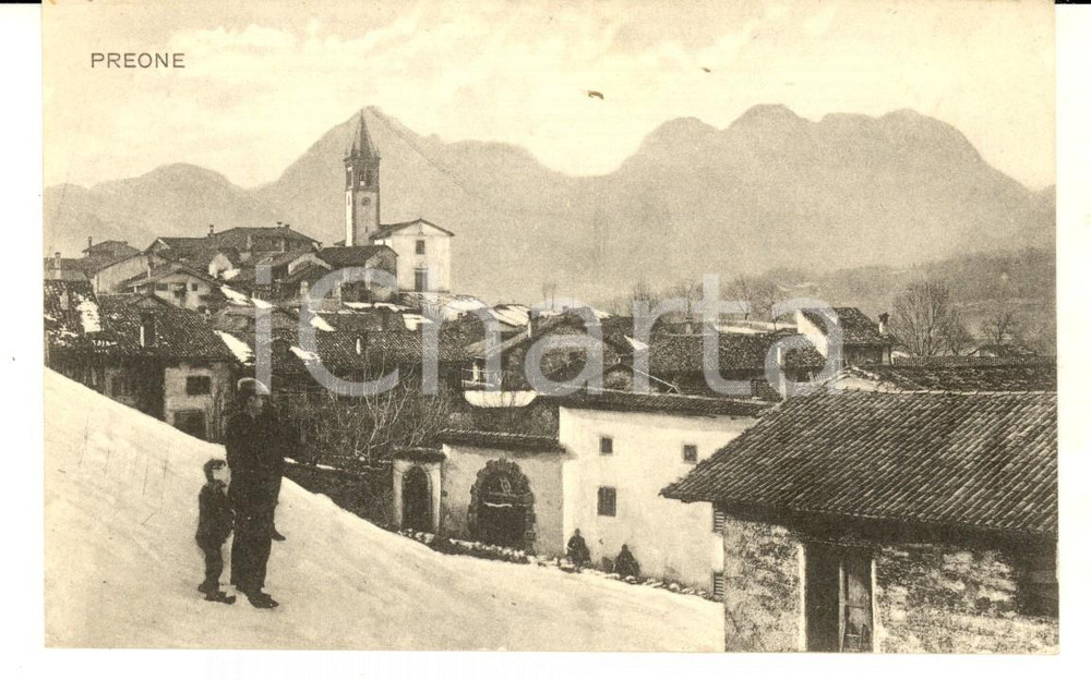 Cartolina originale da collezione 1920 PREONE UD Panorama del paese innevato Cartolina ANIMATA FP 1