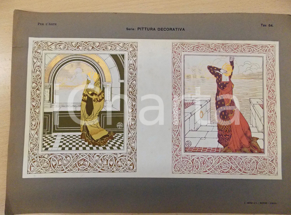 Stampa, bozzetto originale 1920 ca PITTURA DECORATIVA Fanciulle di fronte al mare Tavola ed. CRUDO TORINO 1