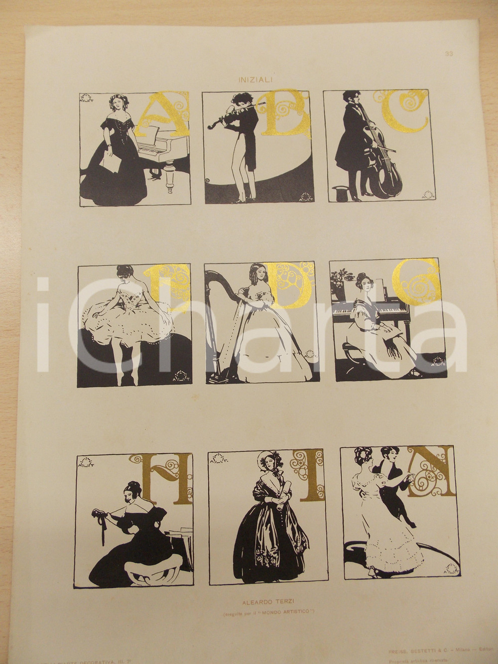 Stampa, bozzetto originale 1910 ca ARTE DECORATIVA Aleardo TERZI  Iniziali Tavola 25x35 cm 1