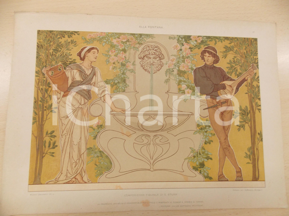 Stampa, bozzetto originale 1910 ca G. STURM Alla fontana Tavola da MODELLI DECORATIVI 35x25 cm 1