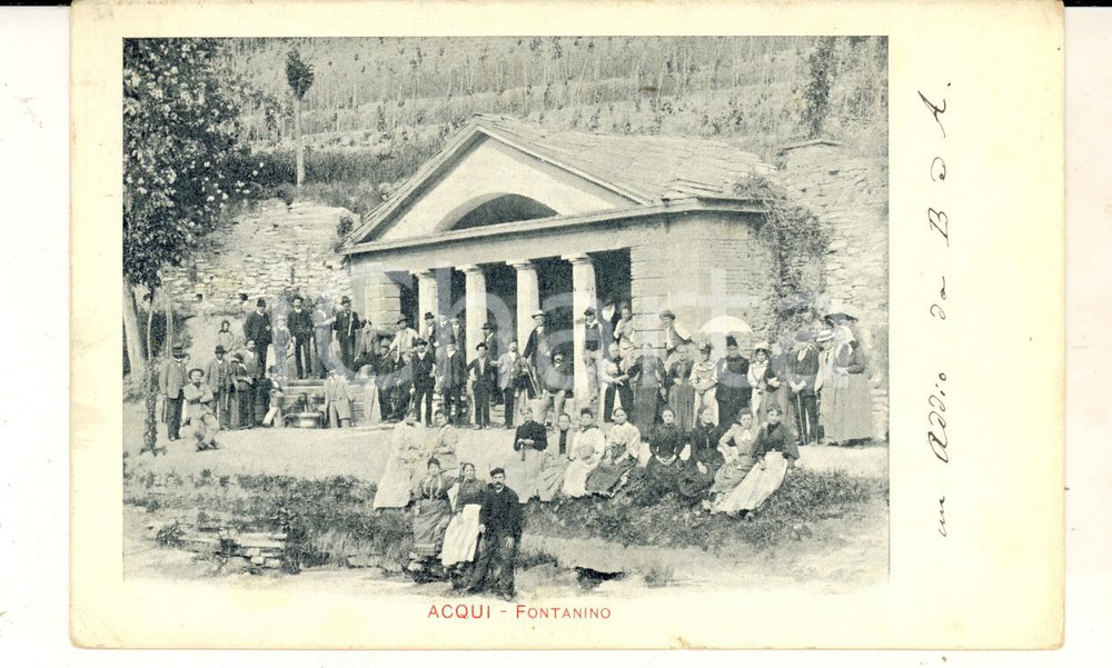 Cartolina originale da collezione 1902 ACQUI TERME AL Veduta del fontanino Cartolina ANIMATISSIMA FP 1