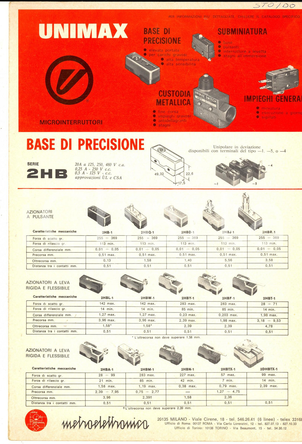 1970 ca MILANO METROELETTRONICA Brochure microniterruttori ILLUSTRATA