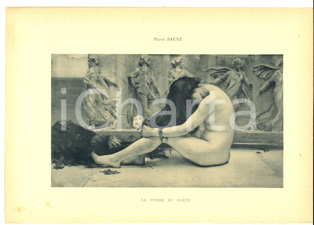 1910 ca Pedro SAENZ La tombe du poète - Nu féminin *Stampa EROTICA VINTAGE 30x20