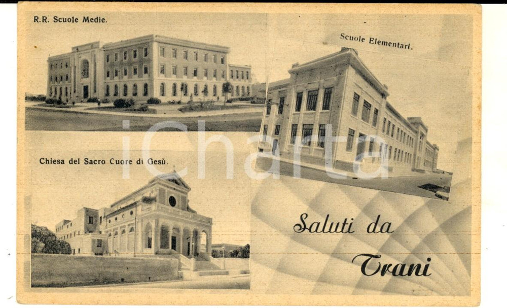1940 ca TRANI Vedutine con chiesa SACRO CUORE e scuole *Cartolina FP NV