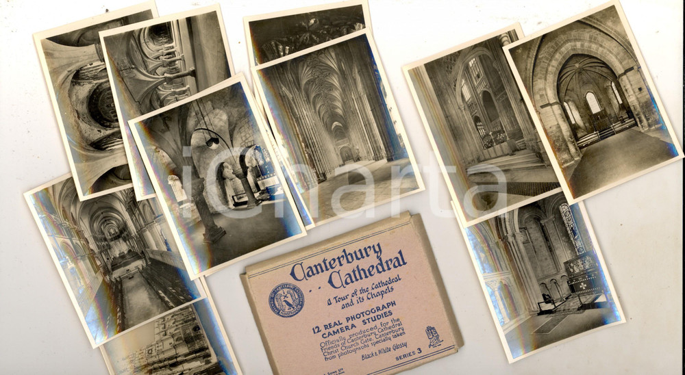 Materiale pubblicitario d’epoca 1950 ca CANTERBURY Cathedral 12 foto seriali Libretto TURISMO VINTAGE 1