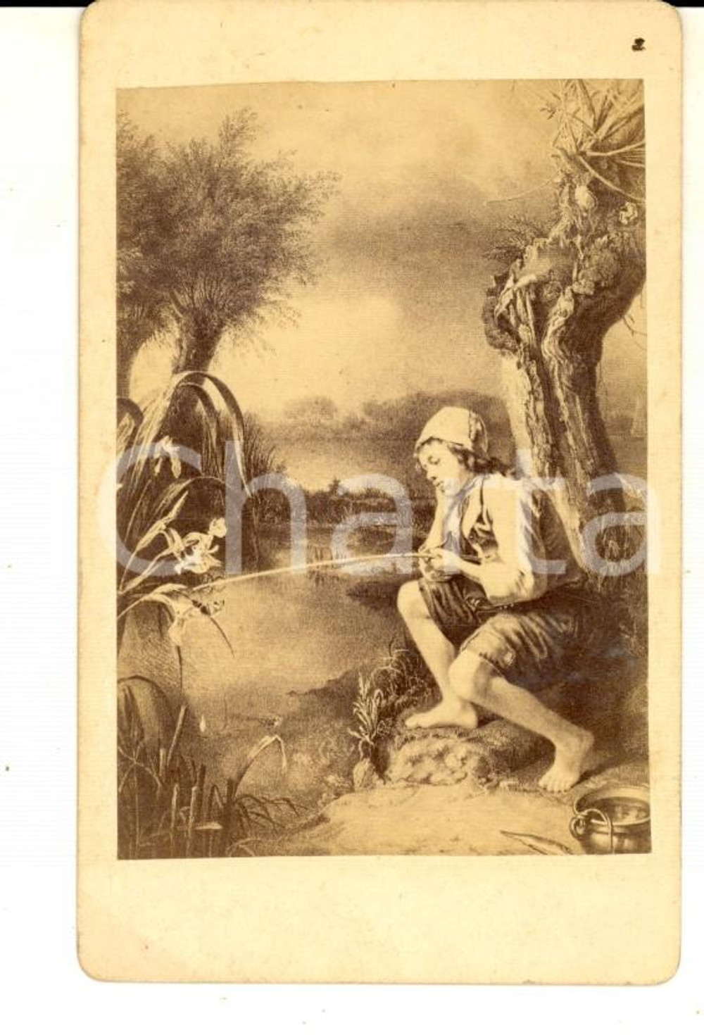 Fotografia d epoca originale 1870 ca ARTE Un piccolo pescatore Foto quadro Photographische Gesellschaft CDV 1